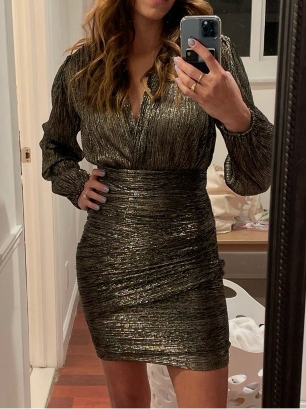 Maje Metallic Gold Long-Sleeve Ruched Bodycon Dress